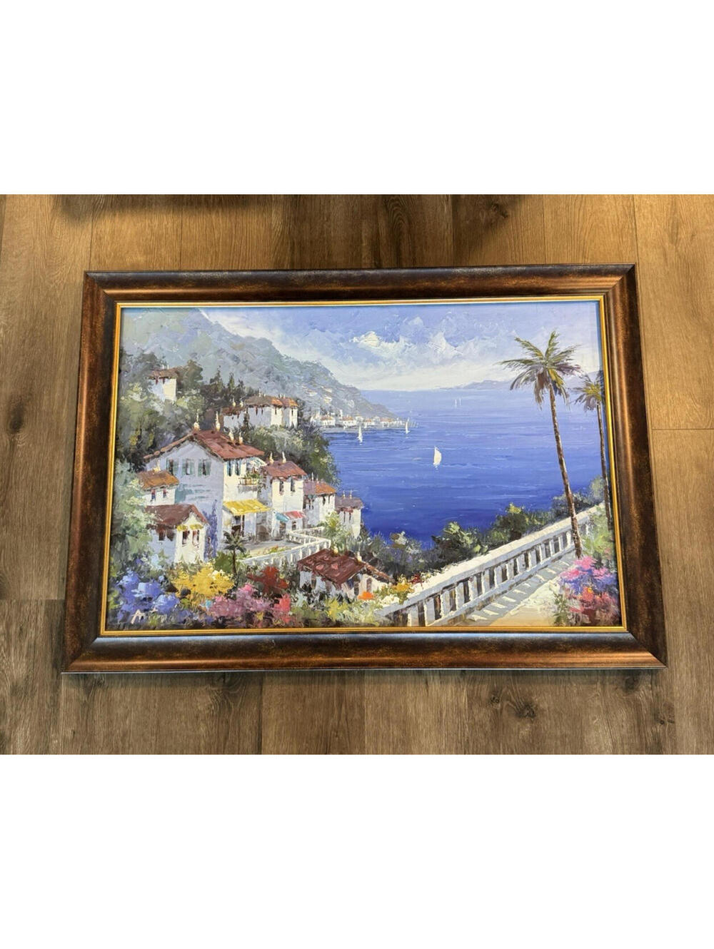 Original Signed Oil Painting Mediterranean Coastal Village Seascape Framed - VG+